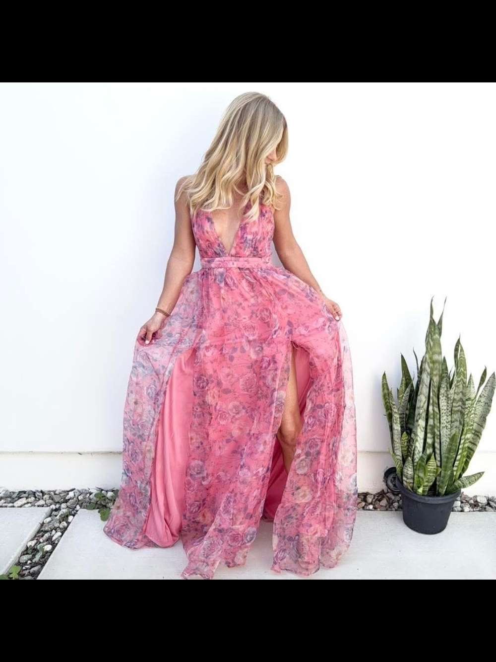 Lovely Day Pink Floral Plunge Maxi Dress